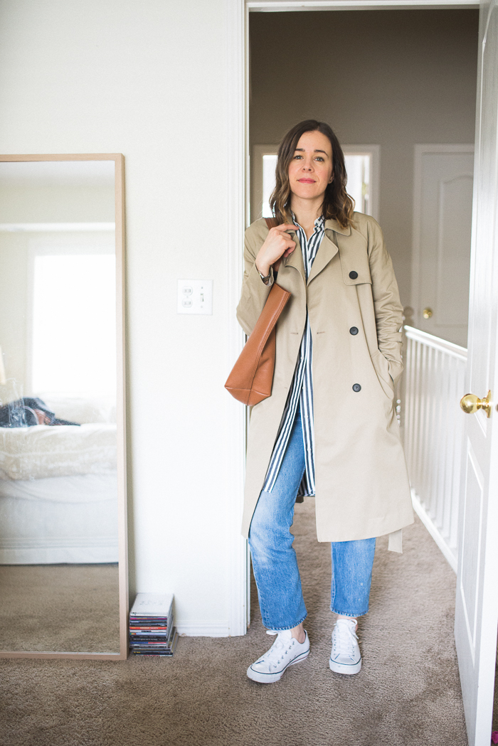 Everlane Swing Trench, Vintage Levi's, Cuyana Classic Tote