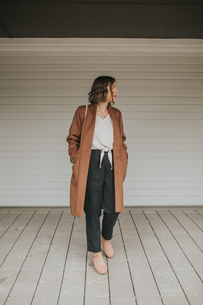 Only Child Ryan Pant, Luzon Long Sleeve Top, Cardiff Trench in Heavyweight Wool